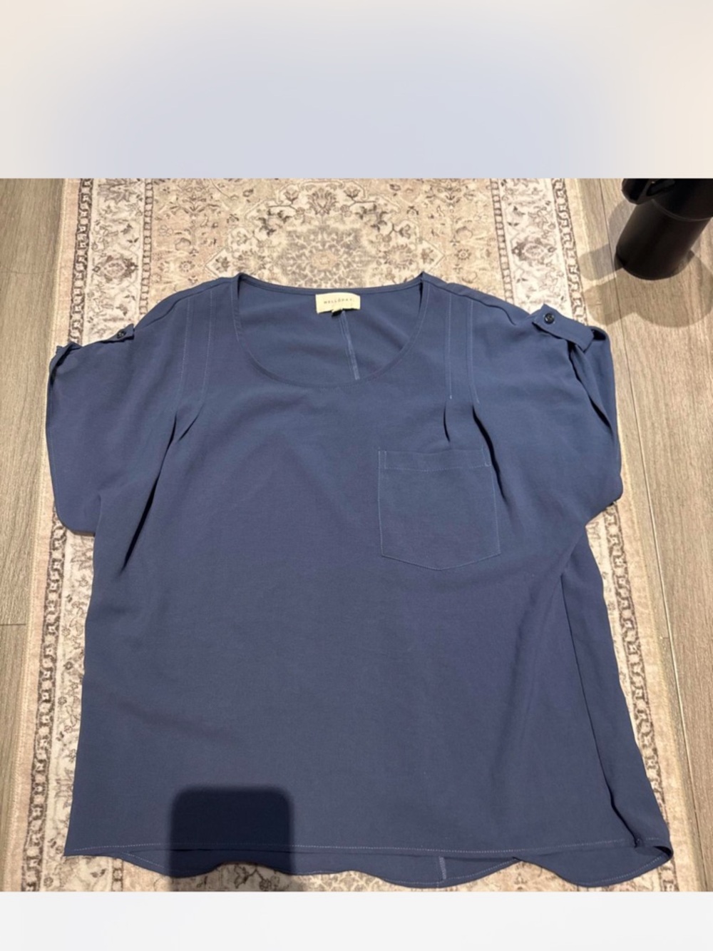 MELLODAY Navy Short Sleeve V-Neck Pocket Blouse